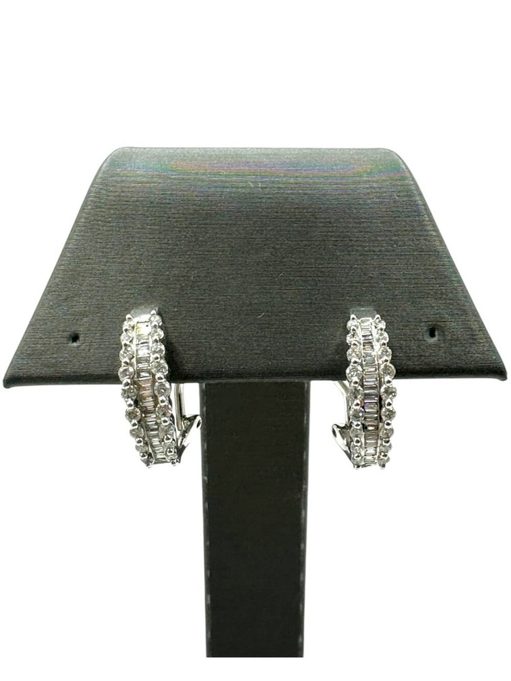 14K White Gold Baguette & Round Diamond Half Hoop Earrings (26103)